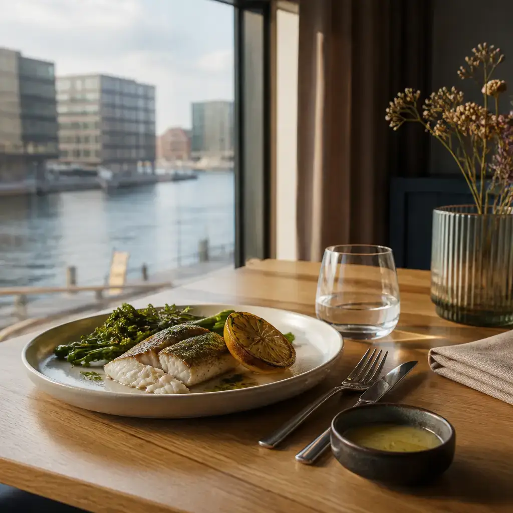 Japanese lesson set in a contemporary Tokyo everyday setting: At a restaurant, a customer politely tells a server that a fish dish is dry and asks for a light sauce..
