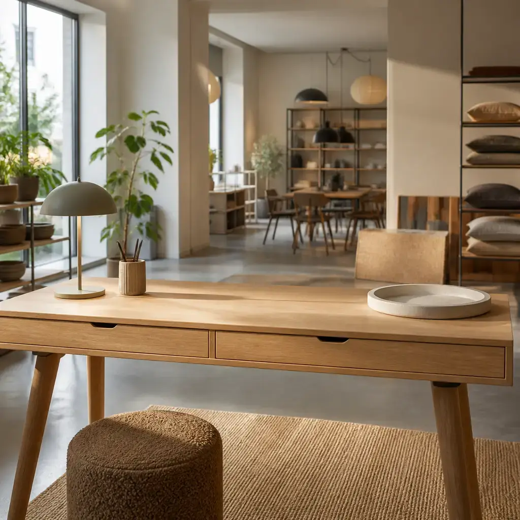 Japanese lesson set in a contemporary Tokyo everyday setting: In a shop, a customer asks staff to check desk stock and add home delivery before processing the order..