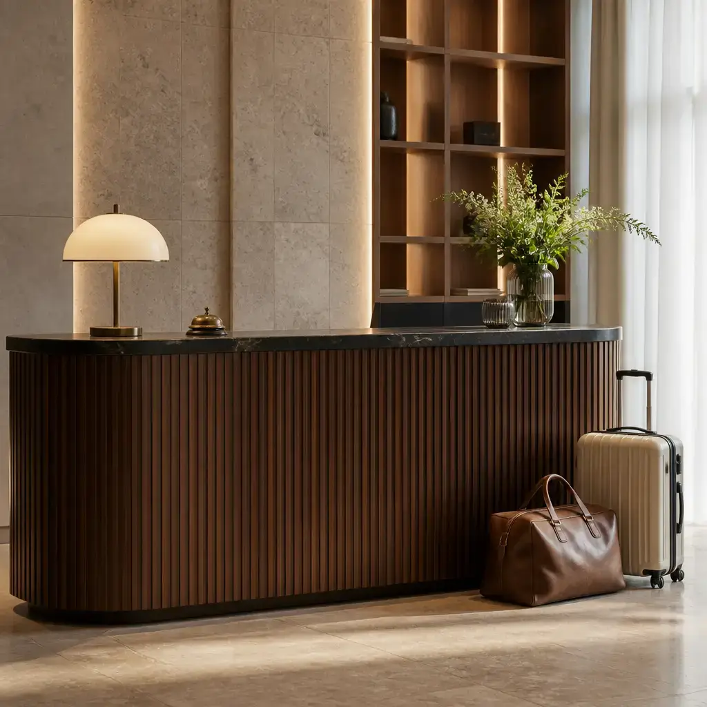 Japanese lesson set in a contemporary Tokyo everyday setting: At a hotel front desk, a guest asks for late checkout, then arranges suitcase storage when late checkout is unavailable..