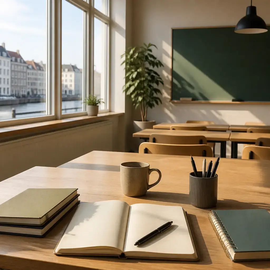Japanese lesson set in a contemporary Tokyo everyday setting: In a classroom, two adults discuss vocabulary study and decide to remember new words by writing practical example sentences from daily life..