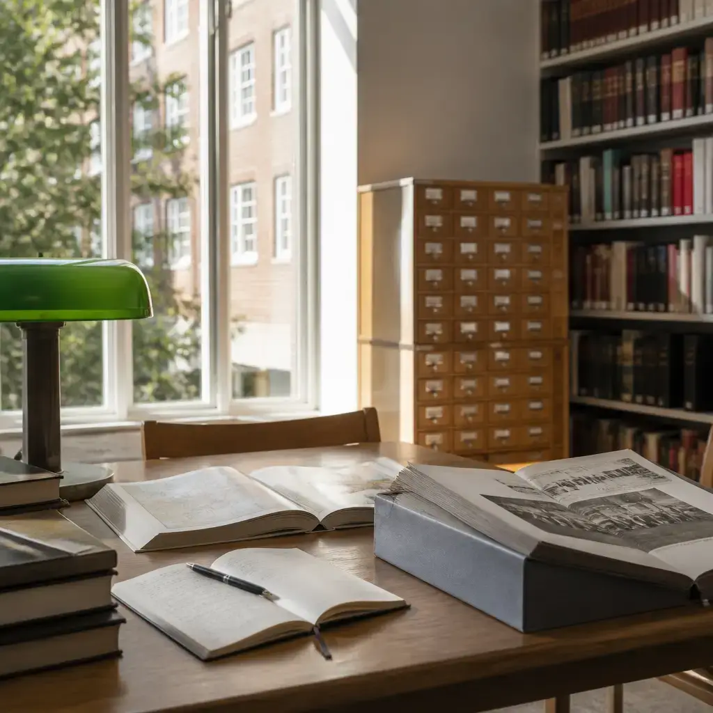 Japanese lesson set in a contemporary Tokyo everyday setting: In a library, a researcher asks a librarian how to narrow a local history search and reach newspaper archives..