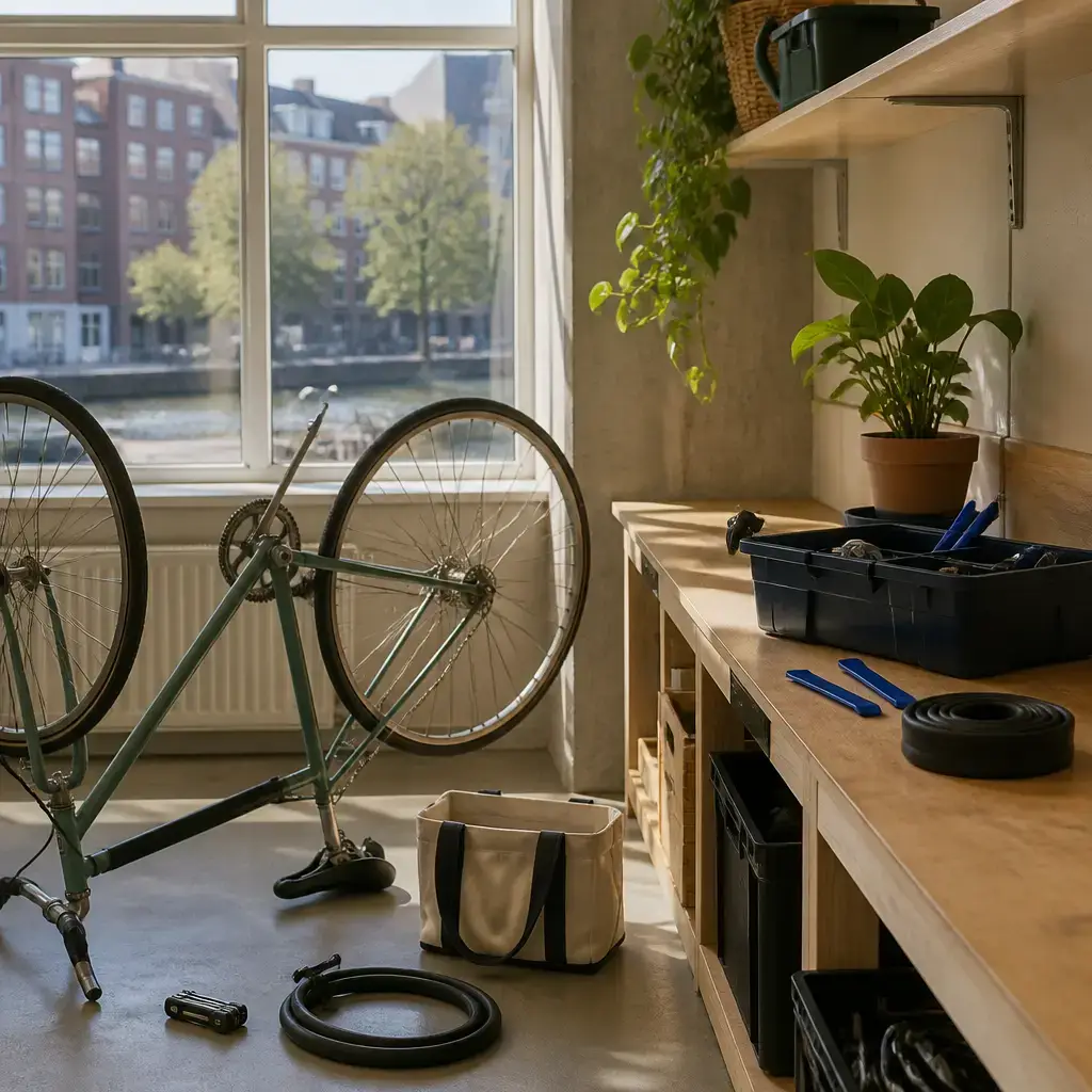 Japanese lesson set in a contemporary Tokyo everyday setting: In a shared space, one adult borrows bicycle repair tools and asks for guidance while changing a flat tire..