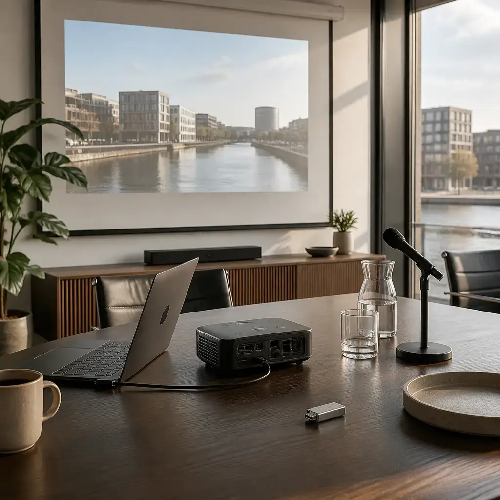 Japanese lesson set in a contemporary Tokyo everyday setting: Before clients arrive for a meeting, two coworkers test the projector, microphone, slides, and backup drive..
