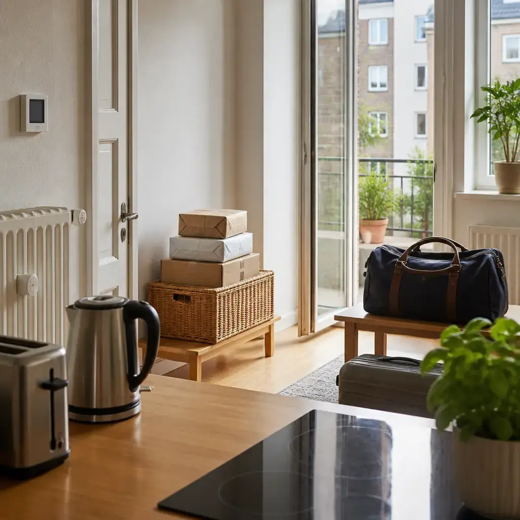Japanese lesson set in a contemporary Tokyo everyday setting: Before leaving for a long trip, two adults check an apartment's appliances, locks, thermostat, and package arrangements..