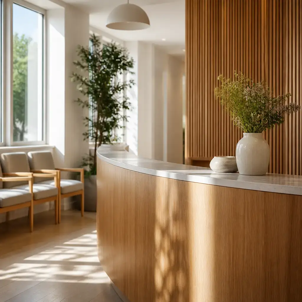 Japanese lesson set in a contemporary Tokyo everyday setting: At a clinic reception desk, a patient reschedules an appointment while confirming that the next clinician can review the previous notes..