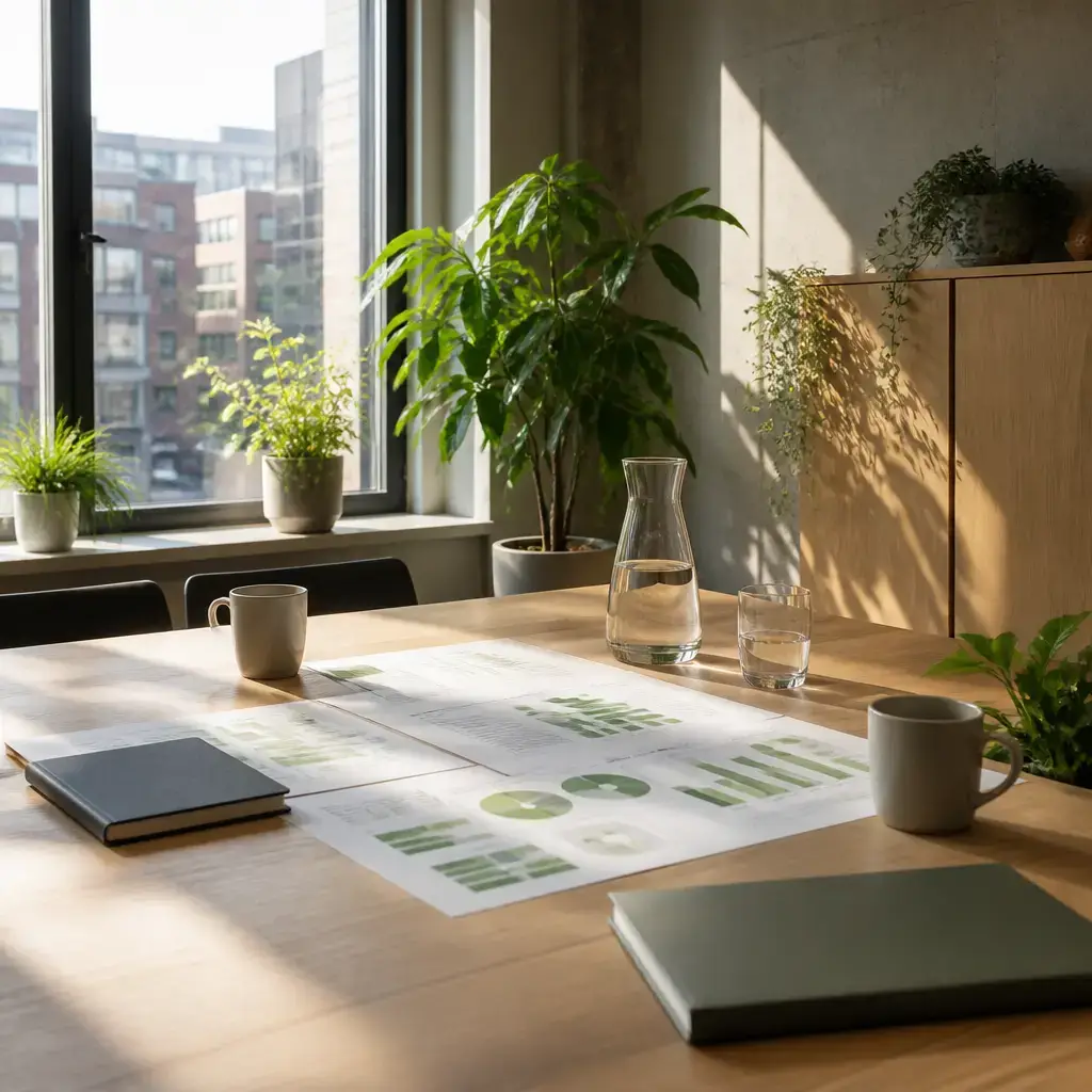 Japanese lesson set in a contemporary Tokyo everyday setting: At work, two adults strengthen an energy-use proposal by anticipating concerns, suggesting a small trial, and gathering evidence before broader adoption..