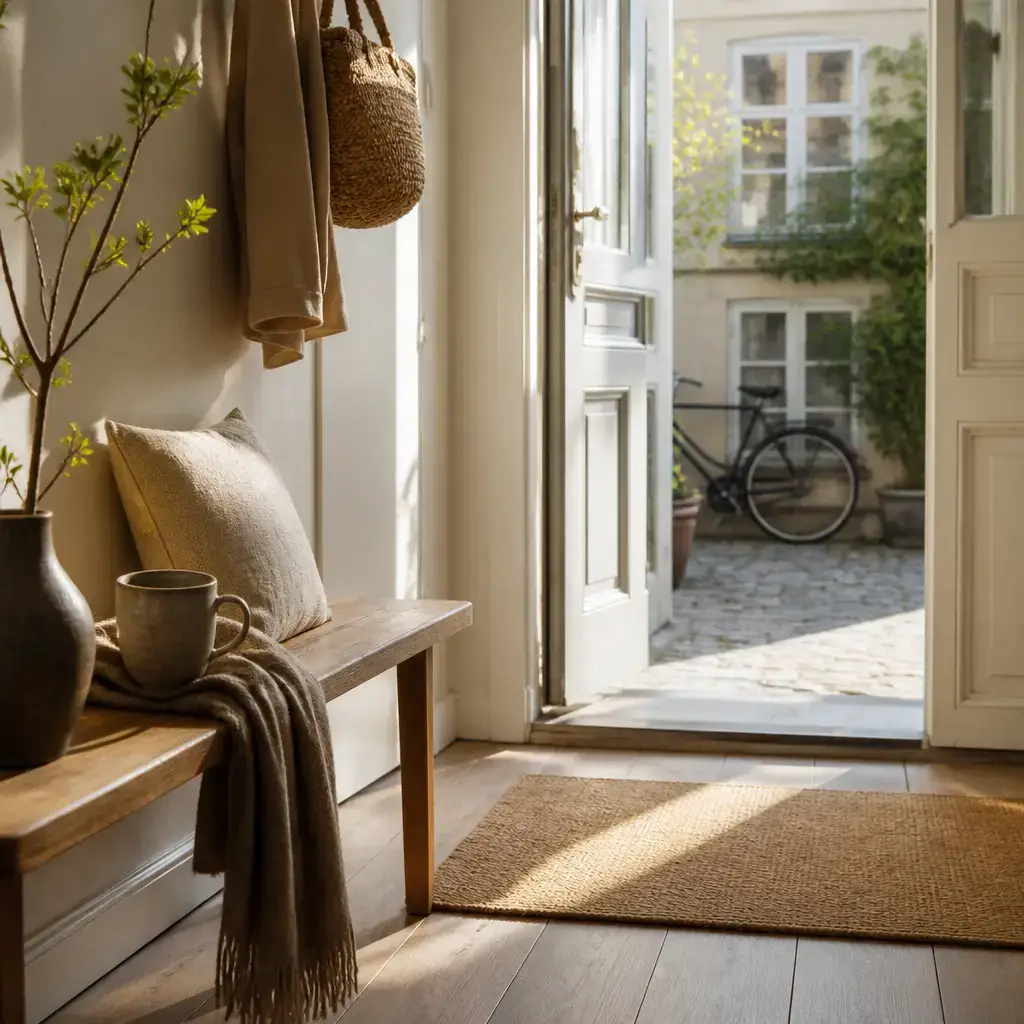 Danish lesson set in a contemporary Copenhagen everyday setting: Morning greeting at home/work/school — casual 'good morning' + brief small talk.