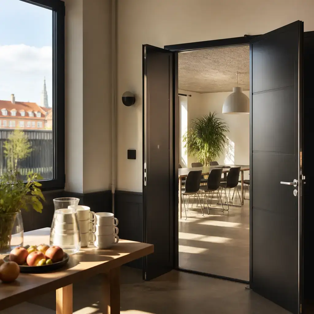 Danish lesson set in a contemporary Copenhagen everyday setting: First-time self-introduction at a shared welcome event — greeting and a simple reason for being there.