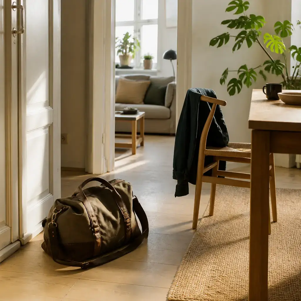Danish lesson set in a contemporary Copenhagen everyday setting: Two people choose where to put a bag after coming in..