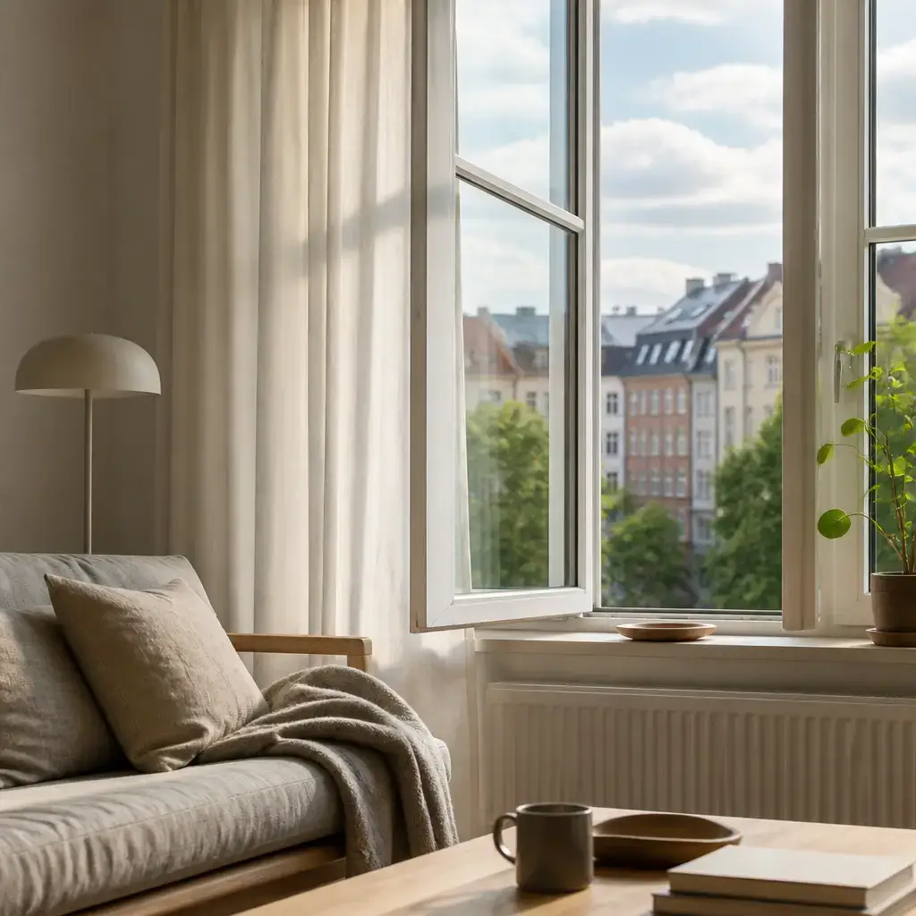 Danish lesson set in a contemporary Copenhagen everyday setting: One person notices the window is open and the room is cold..