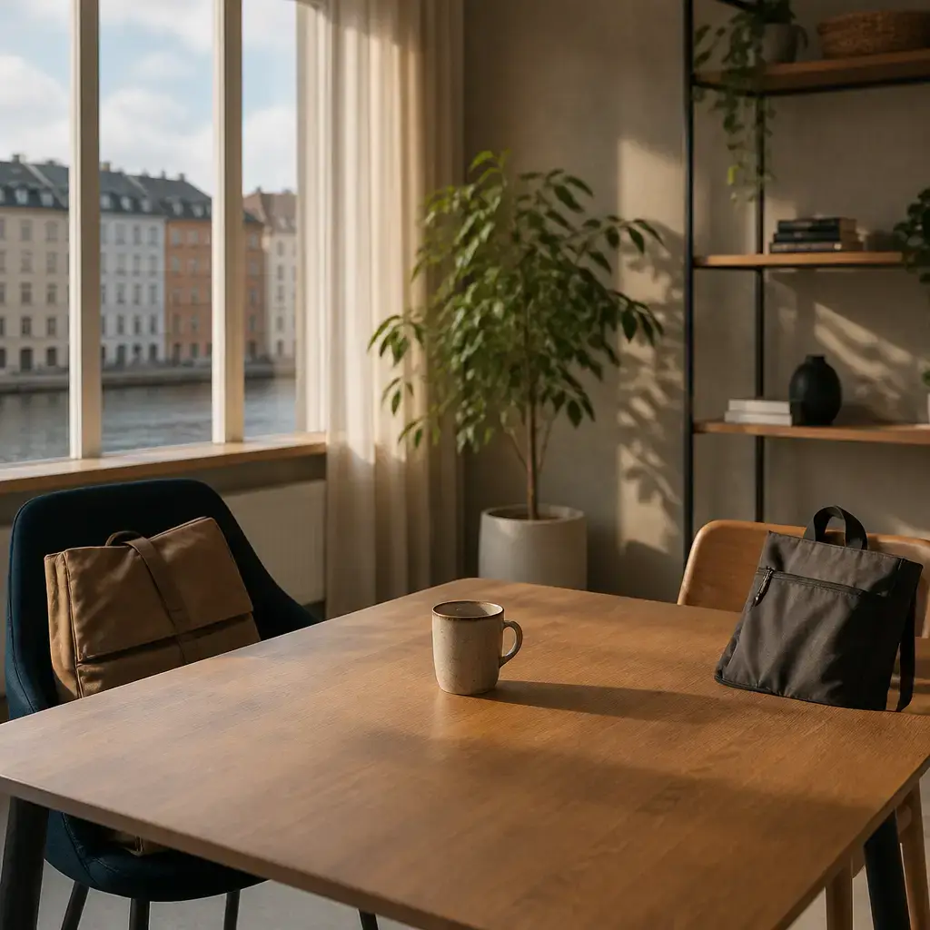 Danish lesson set in a contemporary Copenhagen everyday setting: A beginner practices six useful English phrases about basic pointing and belonging..