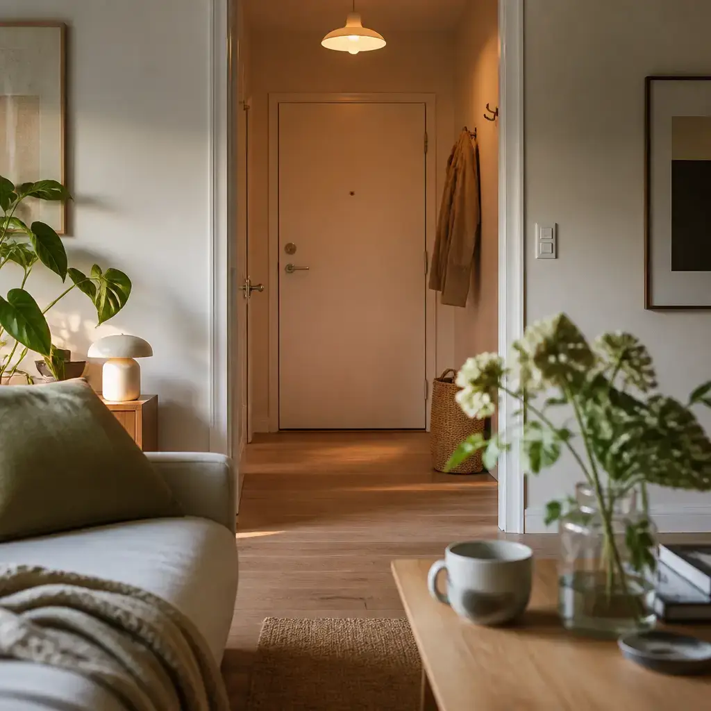 Danish lesson set in a contemporary Copenhagen everyday setting: Two people check the door and light before relaxing..