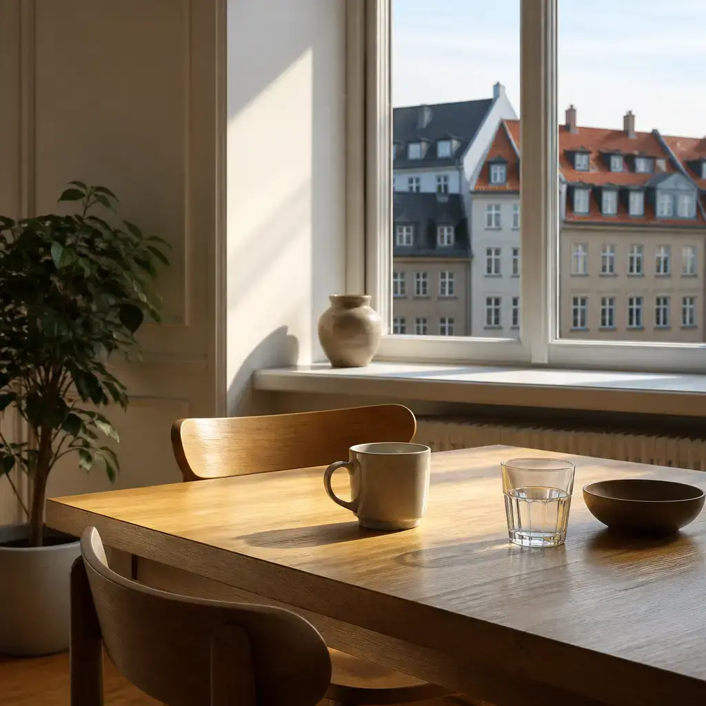 Danish lesson set in a contemporary Copenhagen everyday setting: One person comes into the room and quietly joins the other..