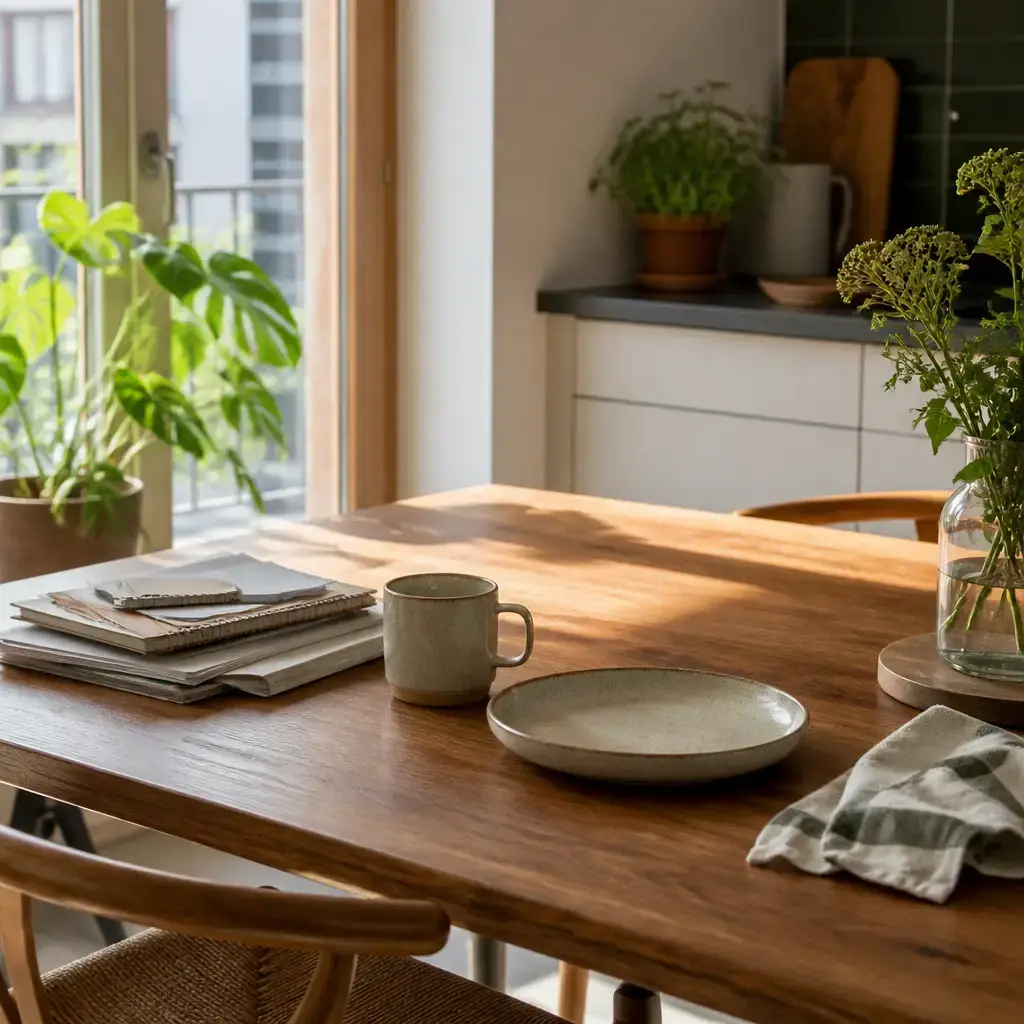 Danish lesson set in a contemporary Copenhagen everyday setting: Two people talk about making space at the kitchen table..