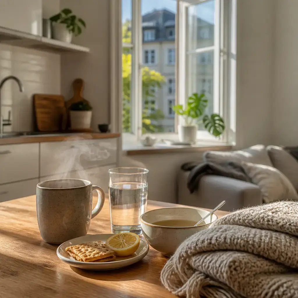 Danish lesson set in a contemporary Copenhagen everyday setting: A beginner practices six useful English phrases about basic health and temperature..