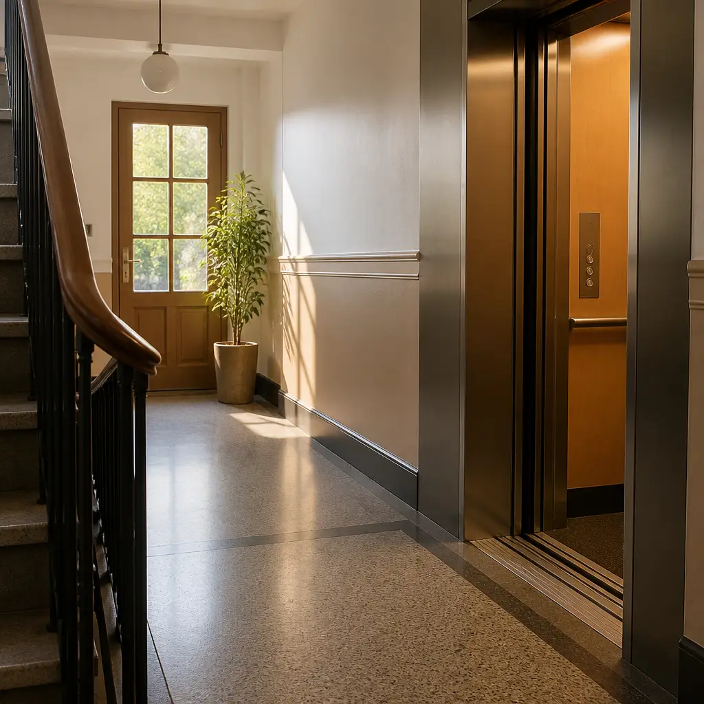 Danish lesson set in a contemporary Copenhagen everyday setting: Greeting a neighbor in hallway/elevator — avoiding awkwardness.