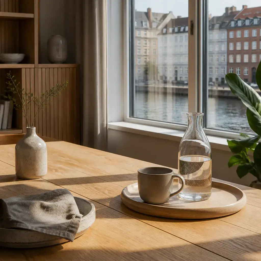 Danish lesson set in a contemporary Copenhagen everyday setting: One person offers a drink without making it a full serving routine..