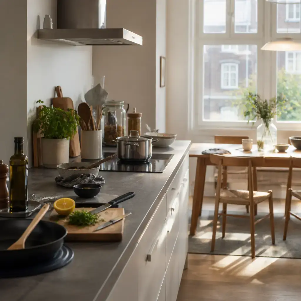 Danish lesson set in a contemporary Copenhagen everyday setting: Two people notice the kitchen counter before sitting down..