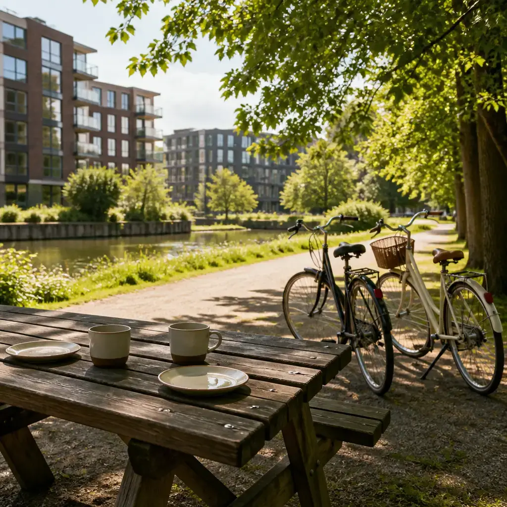 Danish lesson set in a contemporary Copenhagen everyday setting: A beginner practices six useful English phrases about basic invitations and shared action..