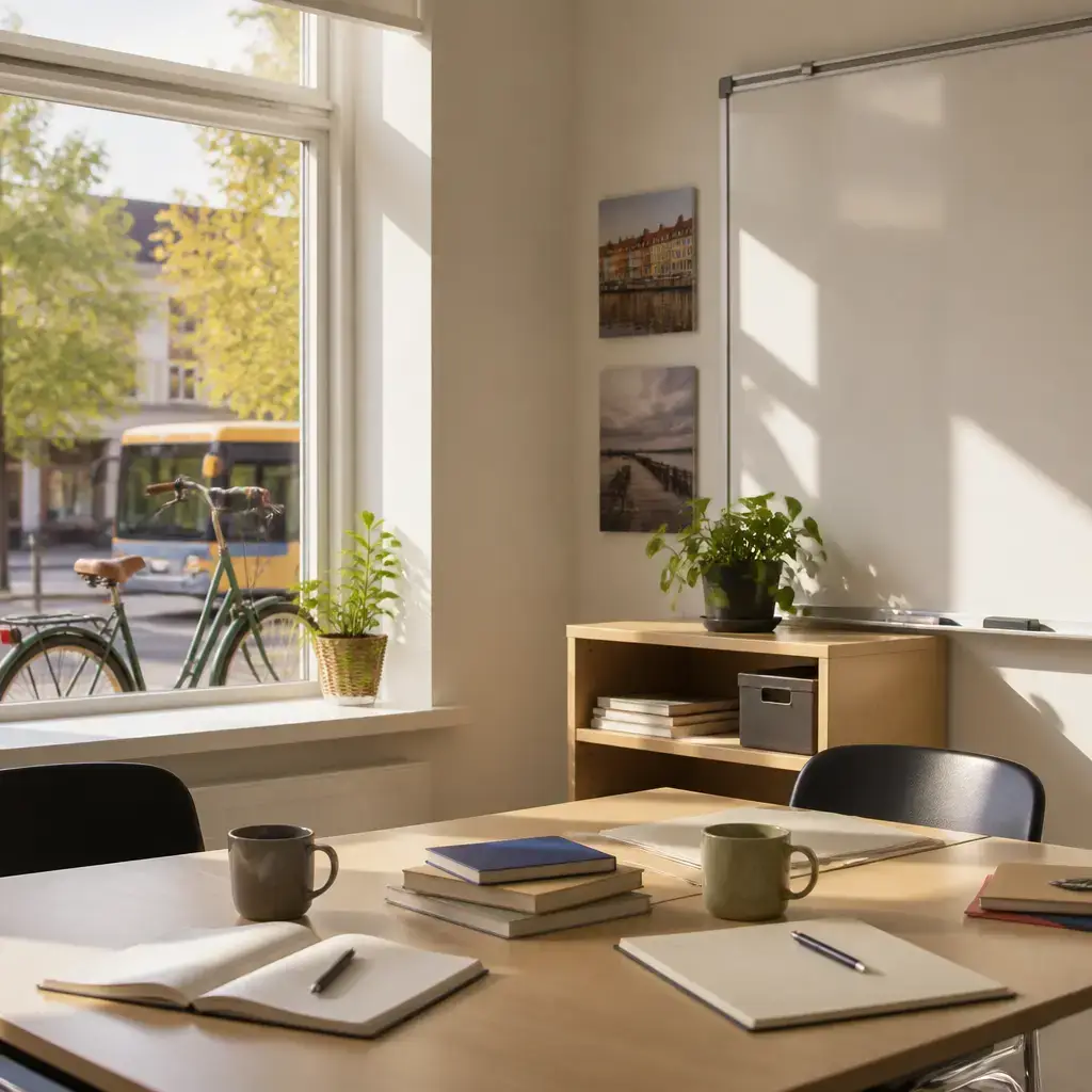 Danish lesson set in a contemporary Copenhagen everyday setting: In a language classroom, two adults talk about living nearby and getting to class by bike or bus in different weather..