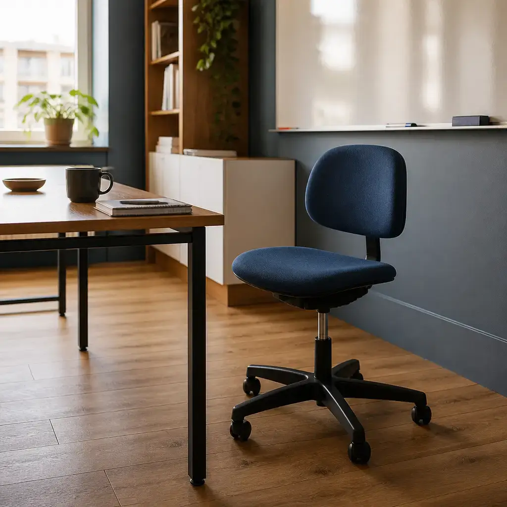Danish lesson set in a contemporary Copenhagen everyday setting: In a language classroom, two adults talk about a chair that is too low and how to change its height..