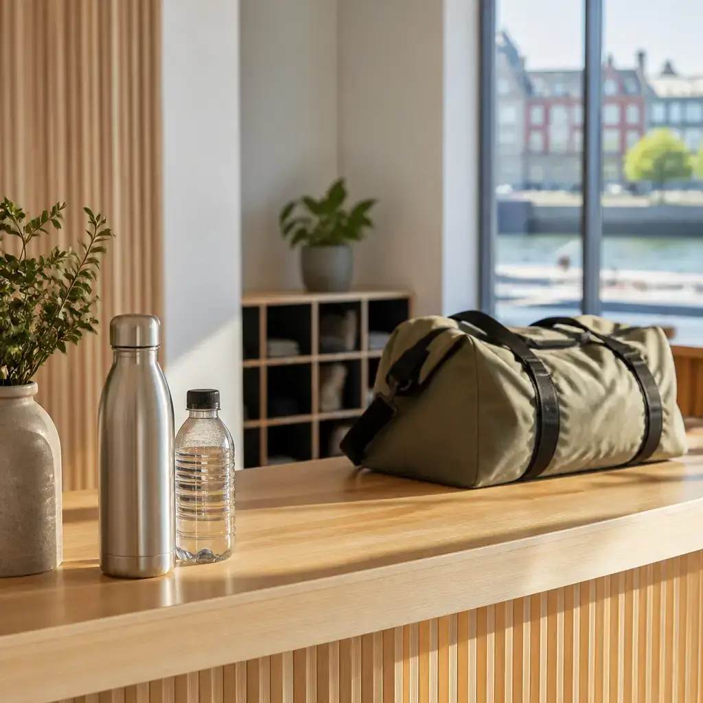 Danish lesson set in a contemporary Copenhagen everyday setting: At an event registration desk, two adults ask what to bring and where to leave a bag before a walking event..