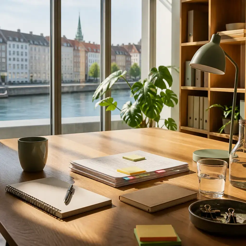 Danish lesson set in a contemporary Copenhagen everyday setting: In a workplace, two adults review task progress, remaining checks, and when to update the team..