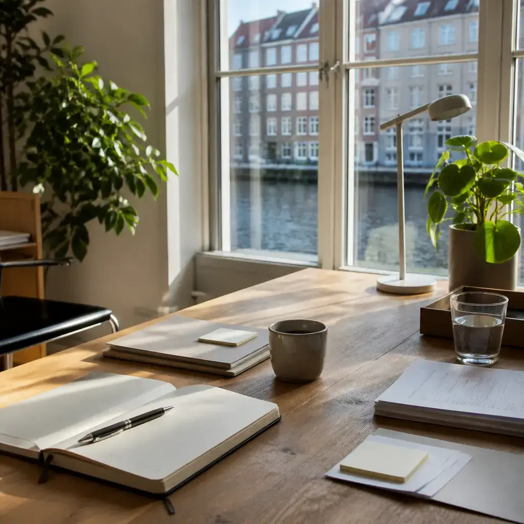 Danish lesson set in a contemporary Copenhagen everyday setting: In a workplace, two adults discuss a close deadline and divide the next steps for checking notes and writing an update..