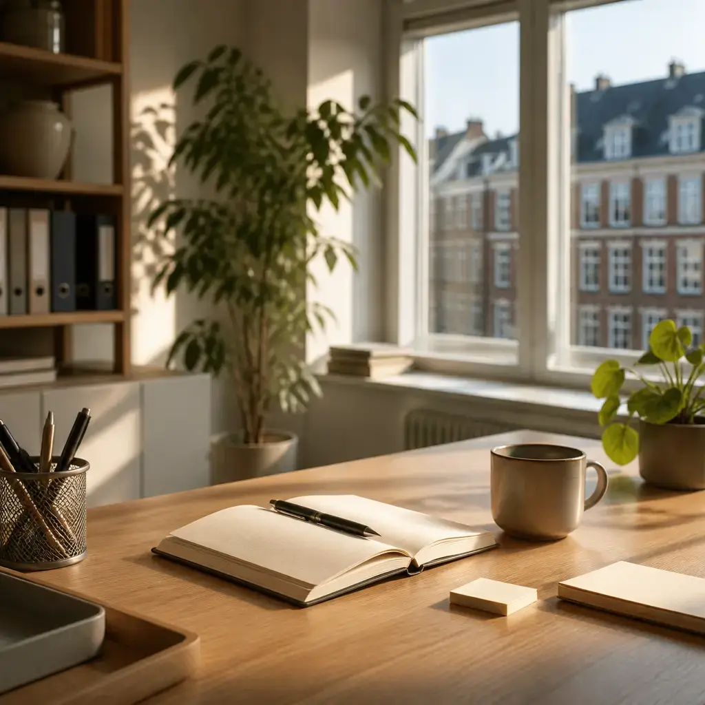 Danish lesson set in a contemporary Copenhagen everyday setting: In a workplace, two adults review a short note and decide to add one more detail before sharing it..