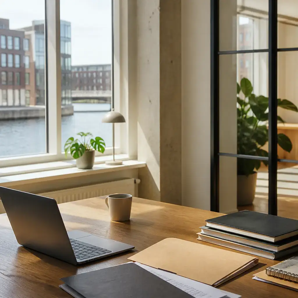 Danish lesson set in a contemporary Copenhagen everyday setting: In a workplace, one adult asks for help with an unclear task and gets guidance on where to start..