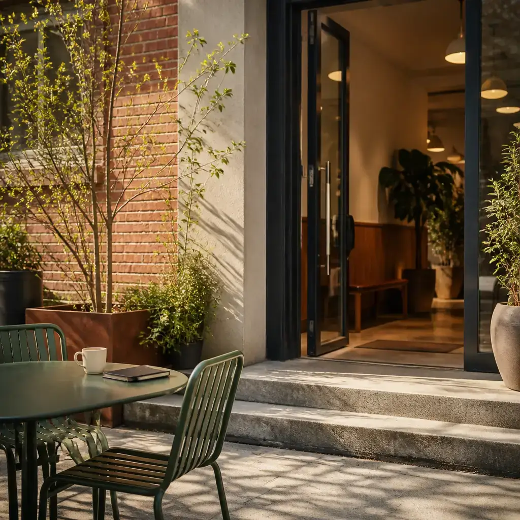 Danish lesson set in a contemporary Copenhagen everyday setting: At a meeting place, two friends change their plan because the first spot is noisy and agree to meet inside the entrance..