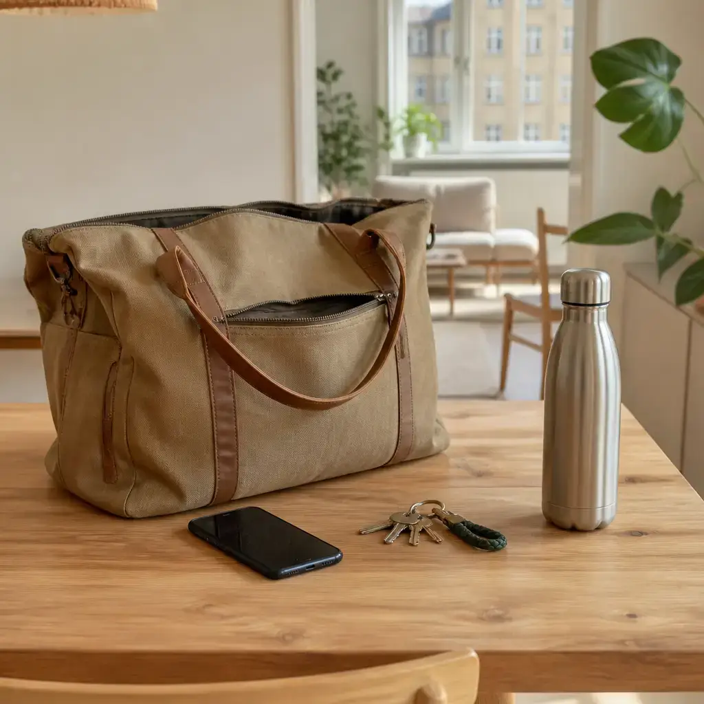 Danish lesson set in a contemporary Copenhagen everyday setting: Before leaving, two adults check that a bag has the needed phone, keys, and water bottle..