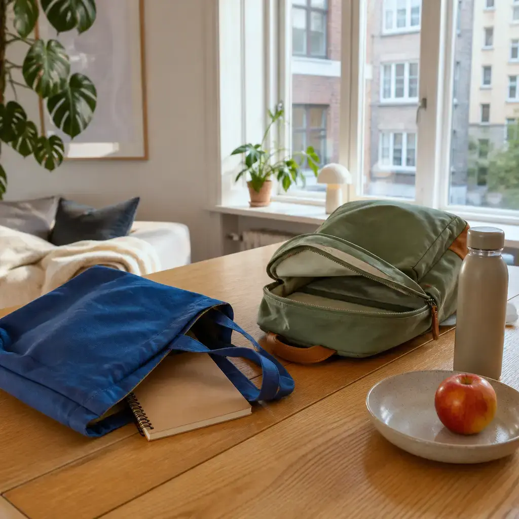 Danish lesson set in a contemporary Copenhagen everyday setting: In a daily life setting, two adults look for a missing notebook and decide where to keep it in a backpack..