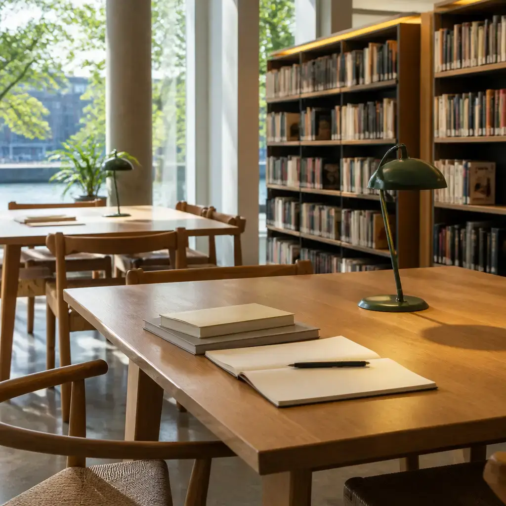 Danish lesson set in a contemporary Copenhagen everyday setting: In a library, one person politely asks another to lower their voice so people nearby can study..