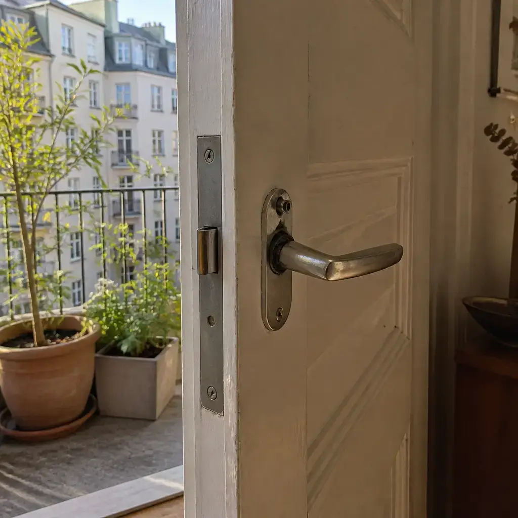 Danish lesson set in a contemporary Copenhagen everyday setting: At a stuck door, two adults try to open it and decide to fix the loose handle before anyone gets stuck..