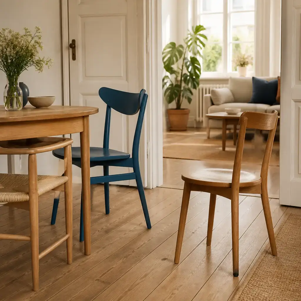 Danish lesson set in a contemporary Copenhagen everyday setting: In a room, two adults notice a loose chair, choose another seat, and move the unsafe chair away from the walkway..