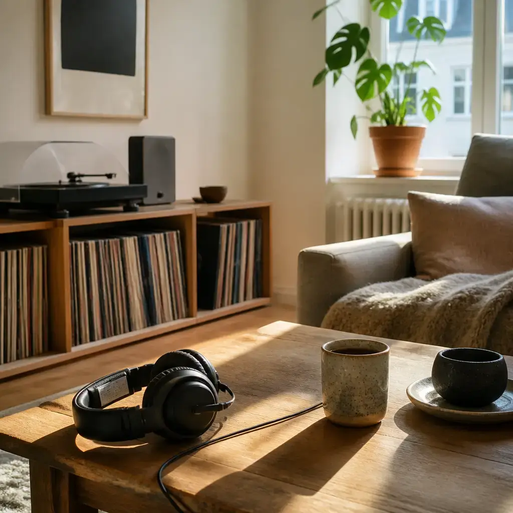 Danish lesson set in a contemporary Copenhagen everyday setting: At home, two adults talk about listening to slow music and playing a quiet track..