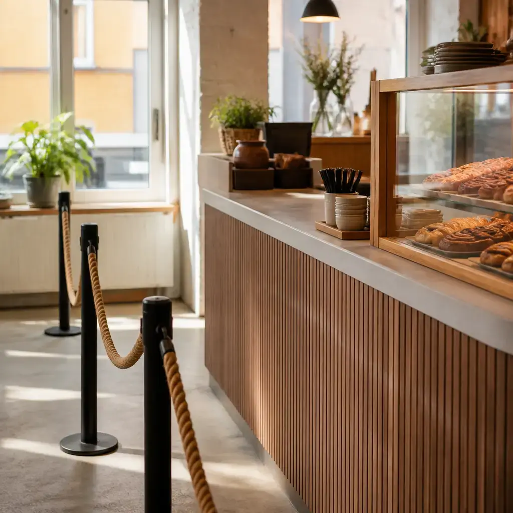 Danish lesson set in a contemporary Copenhagen everyday setting: At a counter line, two adults move forward, get ready with a card, and prepare to order..