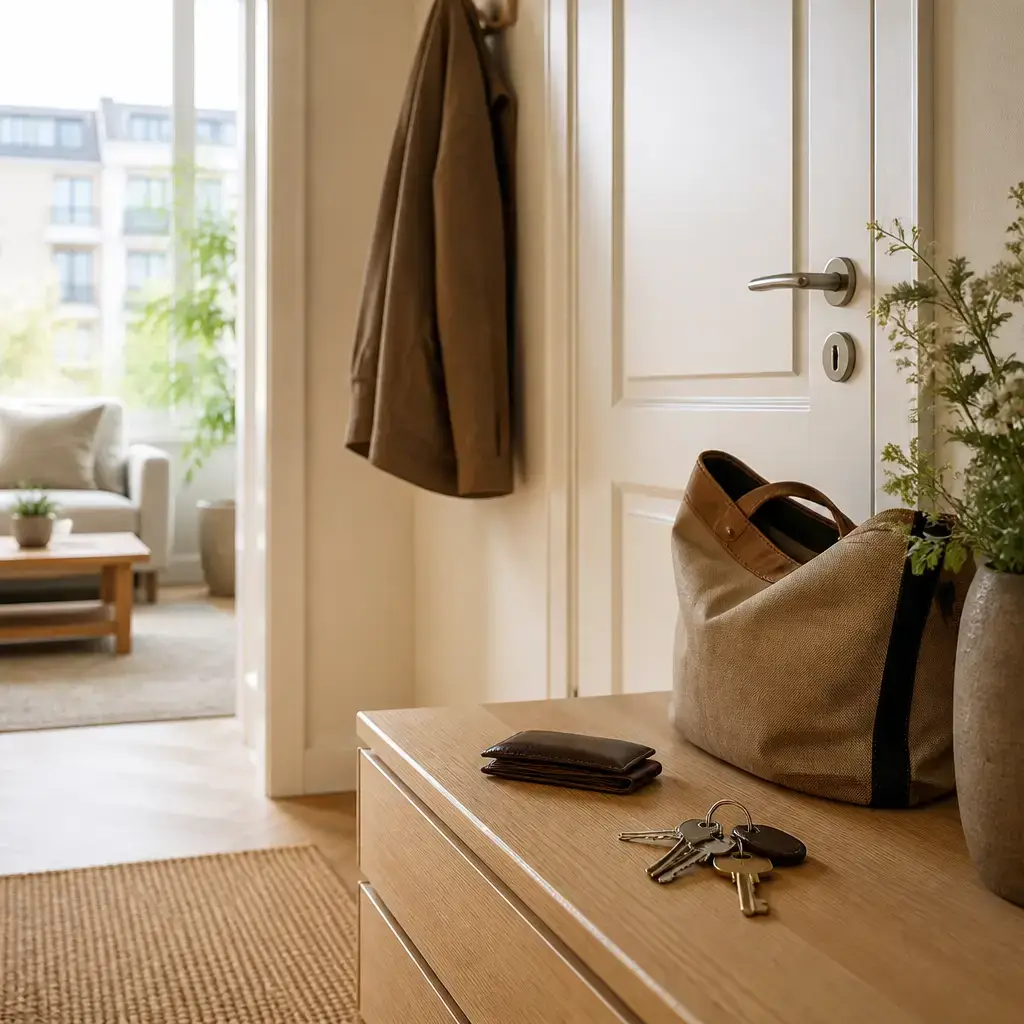 Danish lesson set in a contemporary Copenhagen everyday setting: Before leaving home, two adults check keys, a wallet, and the locked door..
