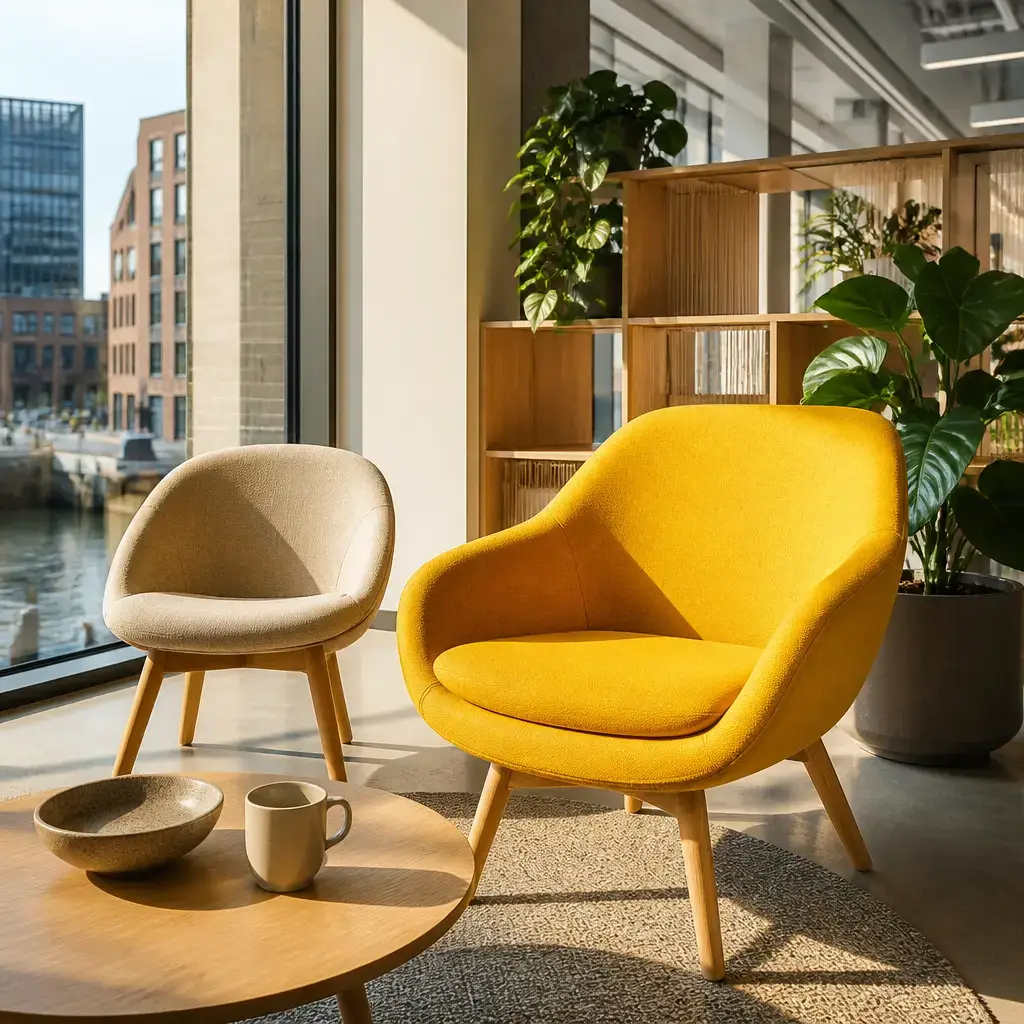 Danish lesson set in a contemporary Copenhagen everyday setting: In a shared space, two adults choose a comfortable chair and talk about its size and bright color..