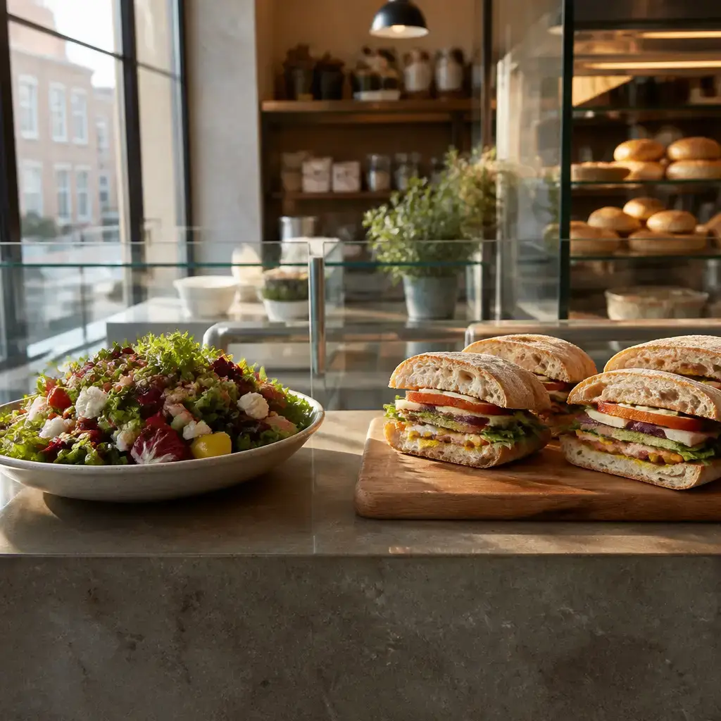Danish lesson set in a contemporary Copenhagen everyday setting: At a food counter, two adults choose between a salad and a sandwich before ordering..