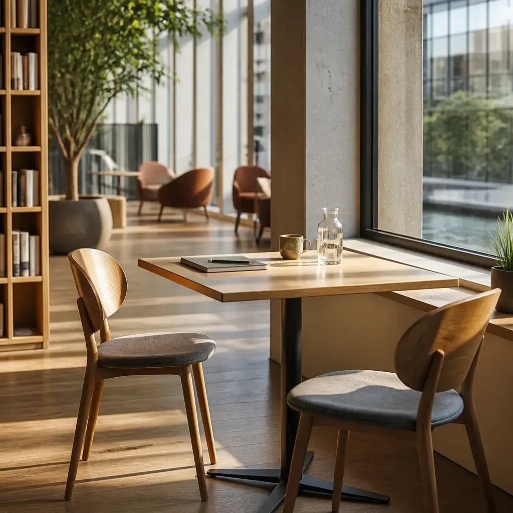 Danish lesson set in a contemporary Copenhagen everyday setting: In a public indoor space, two adults choose a quiet table with good light for reading..
