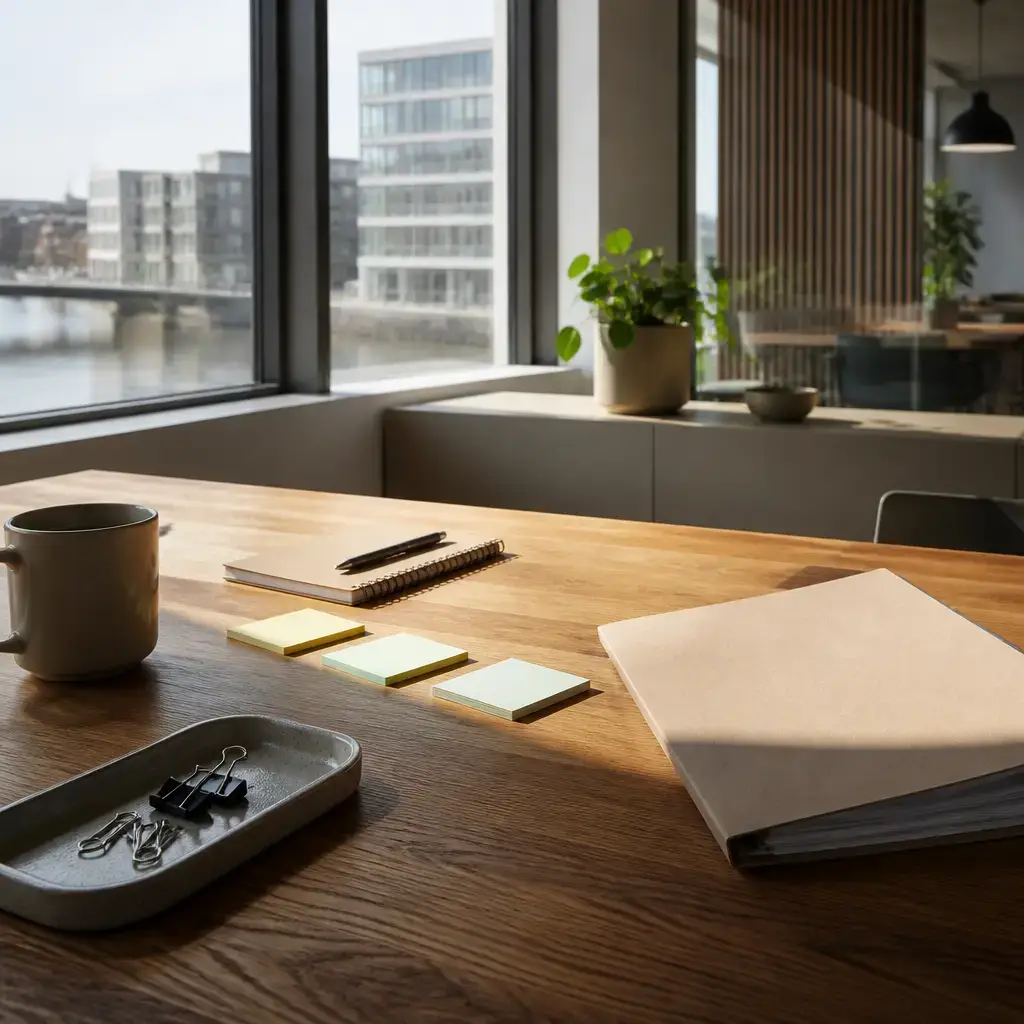 Danish lesson set in a contemporary Copenhagen everyday setting: At work, two adults decide how to split a short list before reviewing a file..