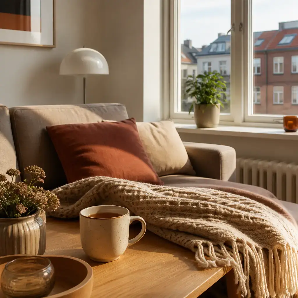 Danish lesson set in a contemporary Copenhagen everyday setting: At home, two adults talk about warming up with a blanket, a warm cup, and a closed window..