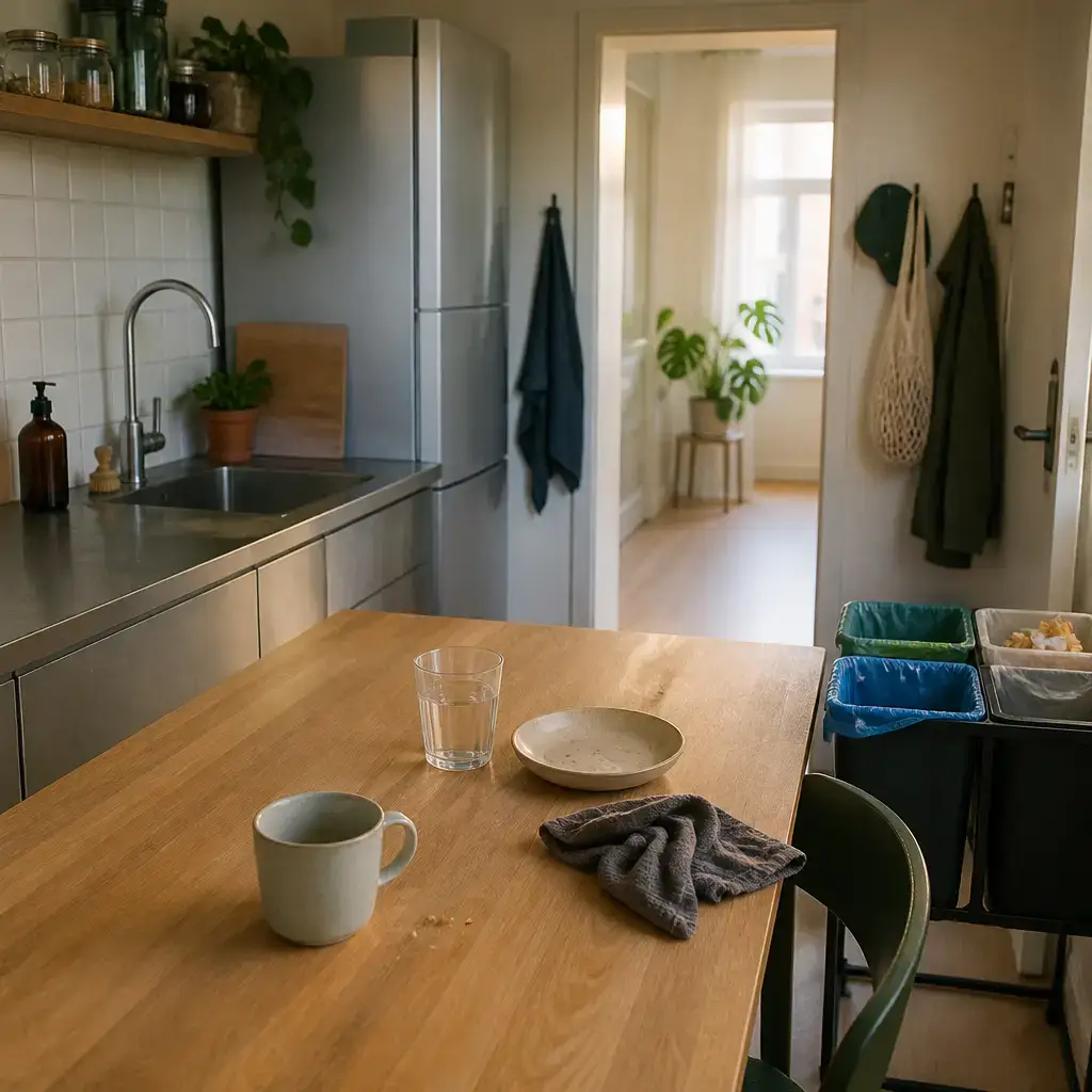 Danish lesson set in a contemporary Copenhagen everyday setting: In a shared kitchen, two adults talk about washing a cup, wiping the table, and putting trash in the right bin..