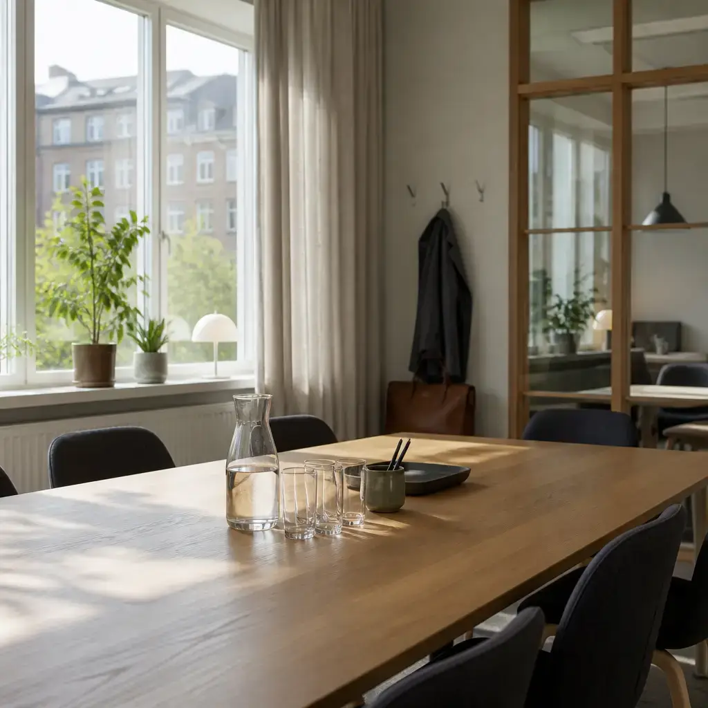 Danish lesson set in a contemporary Copenhagen everyday setting: In a shared meeting room, two adults talk about using a table and leaving the room clean for the next group..