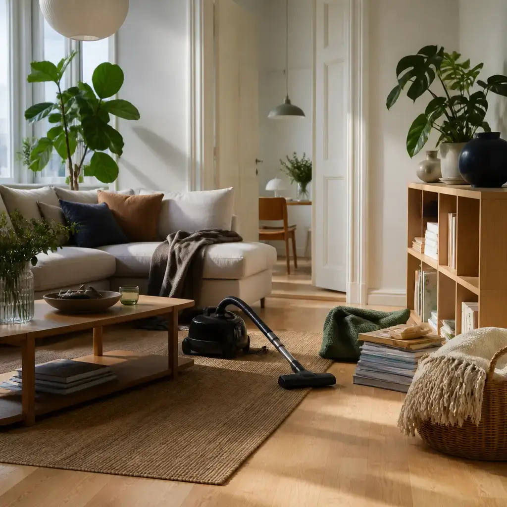 Danish lesson set in a contemporary Copenhagen everyday setting: At home, two adults tidy the living room, put things away, and prepare before guests arrive..