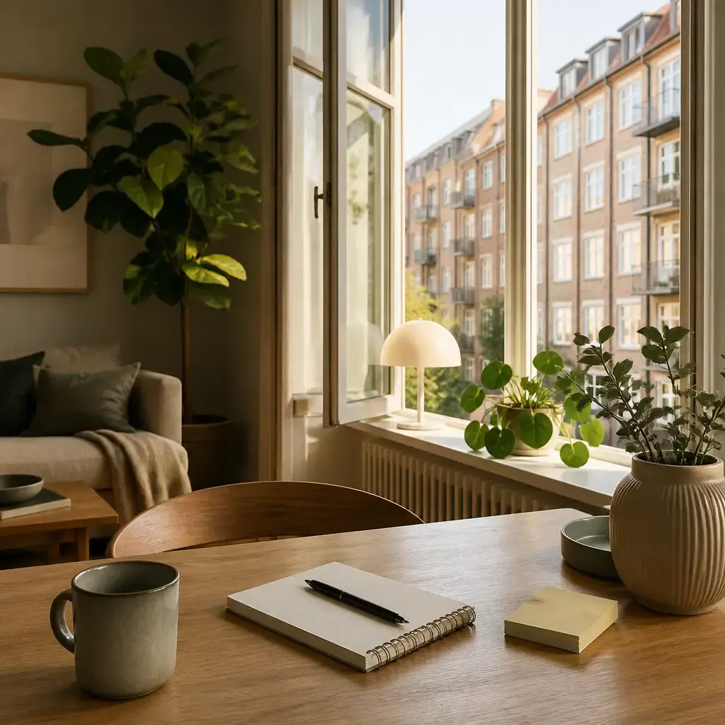 Danish lesson set in a contemporary Copenhagen everyday setting: At home, two adults plan a friendly message about noise from a neighbor that kept them from sleeping..