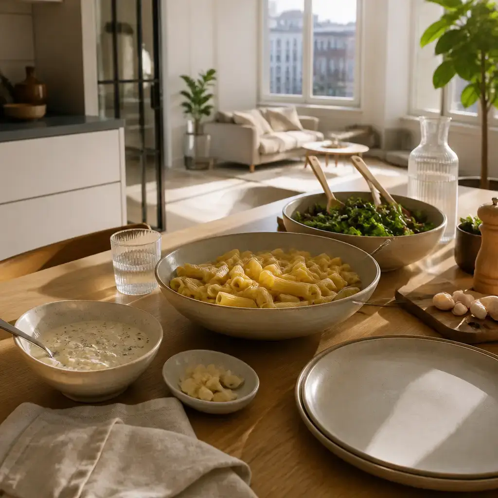 Danish lesson set in a contemporary Copenhagen everyday setting: At home before eating, one adult asks about sauce ingredients and the other prepares a plate without the sauce..