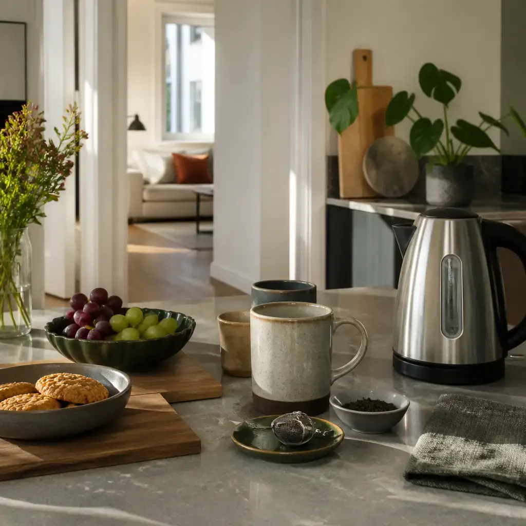 Danish lesson set in a contemporary Copenhagen everyday setting: At home, two adults prepare tea and snacks before a visitor arrives..